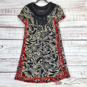 Floreat Anthropologie Abelia Fringe Dress XS Black White Red Crochet Beaded Boho